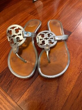 Tory Burch Silver Logo Thong Sandals